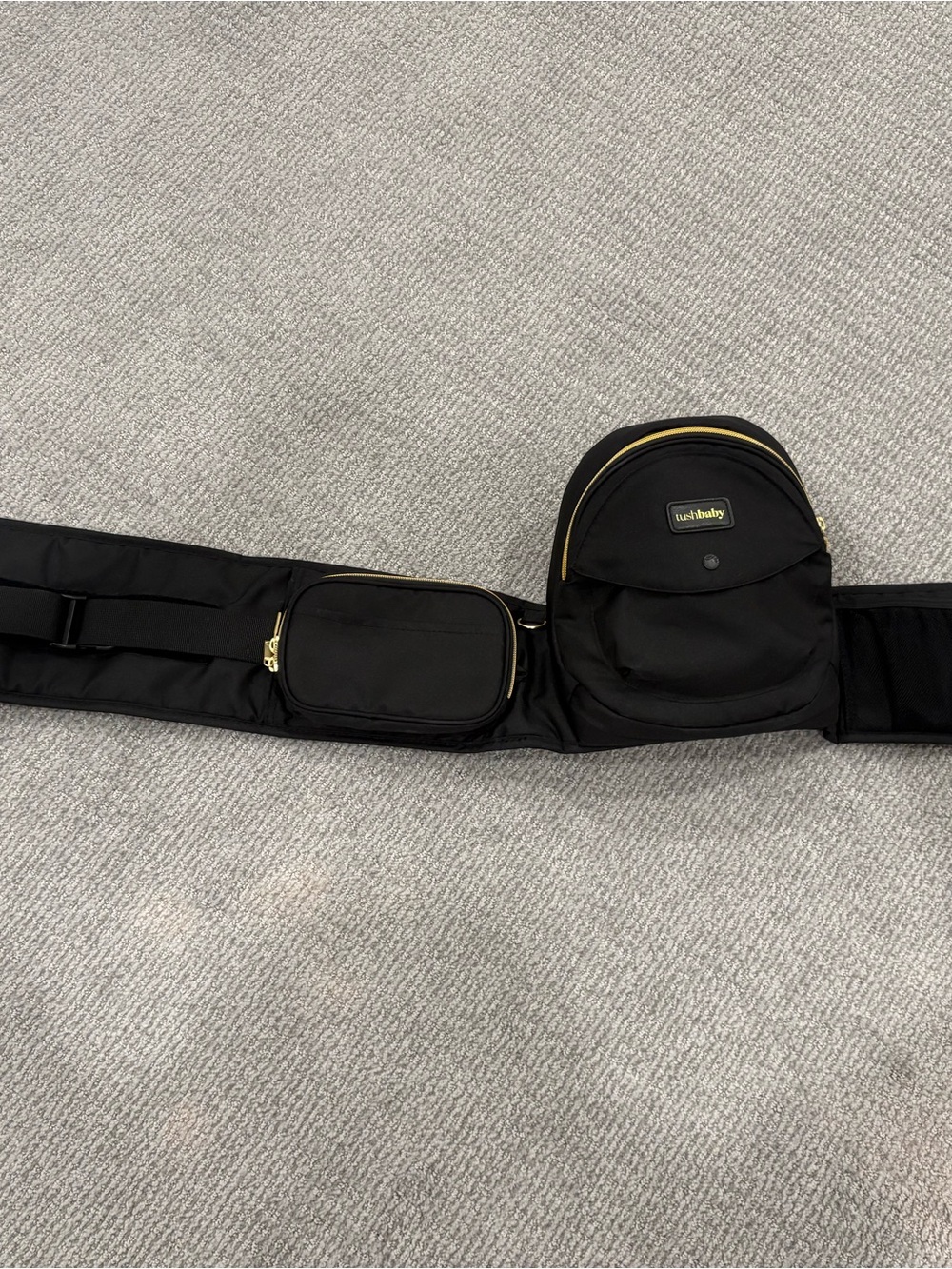 Like New TushBaby Black with Gold Accents Hands-Free Baby Carrying Bag - Picture 3 of 6